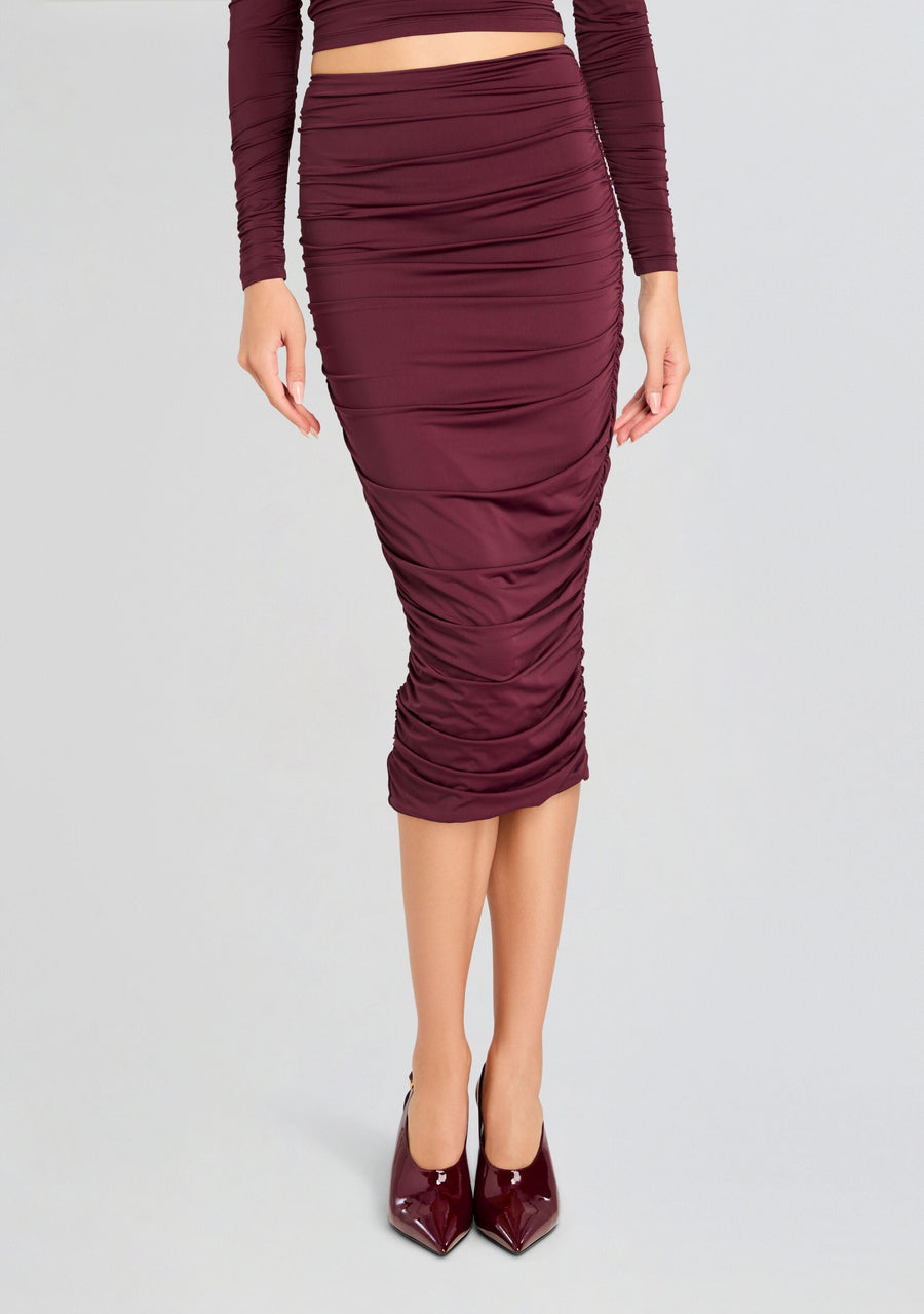 Darcy Mid Rise Ruched Midi Skirt