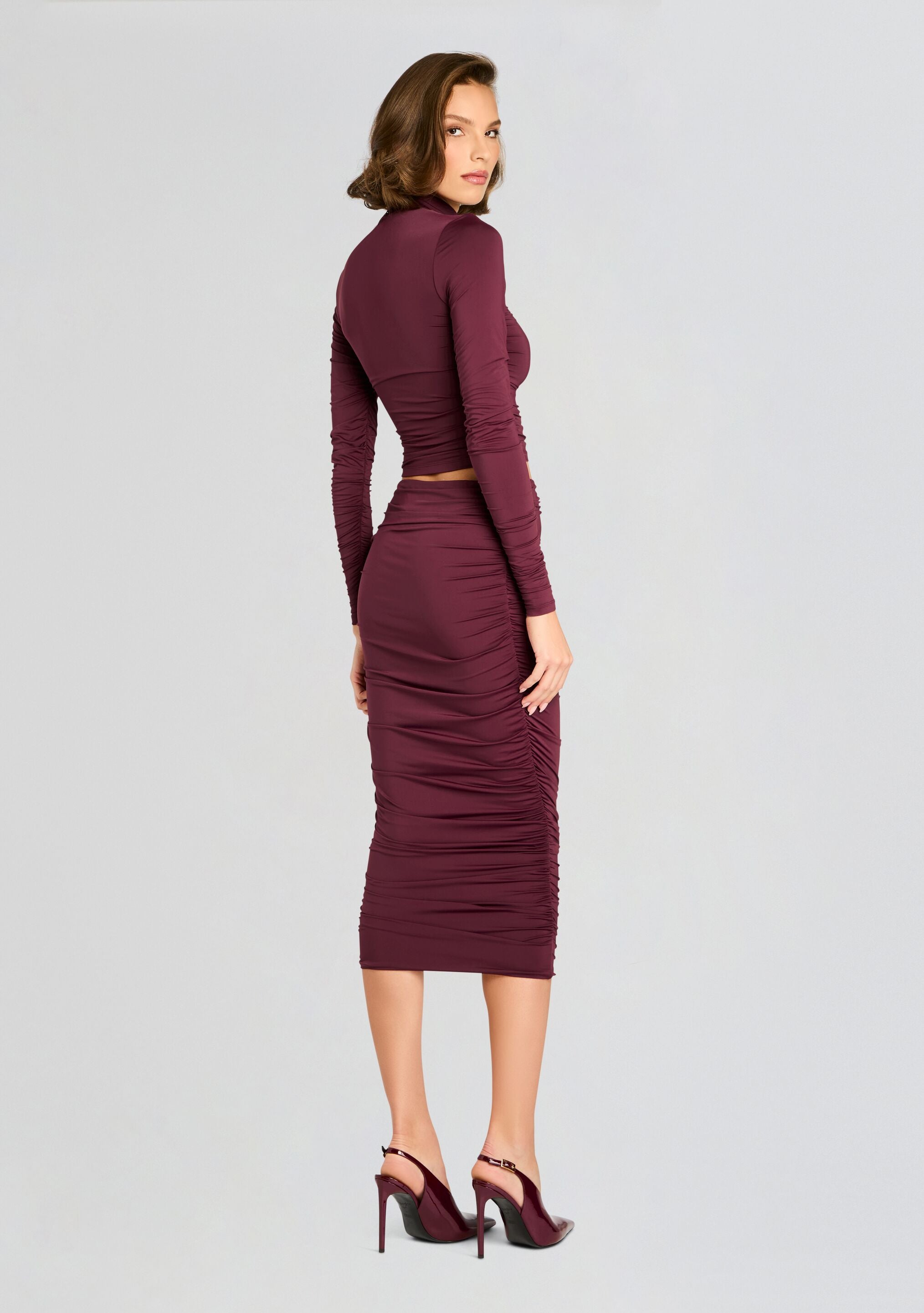 Darcy Mid Rise Ruched Midi Skirt